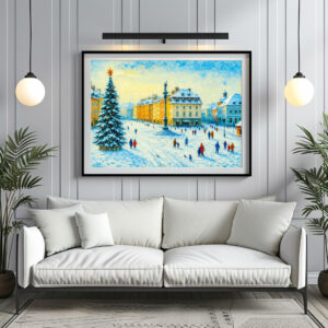 Poster: Winter day in Warsaw oil painting with Christmas tree