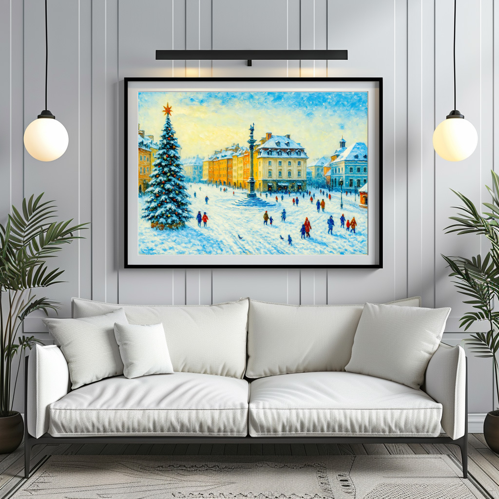 Poster: Winter day in Warsaw oil painting with Christmas tree