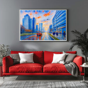 Poster: Evening lights in Warsaw expressive oil painting
