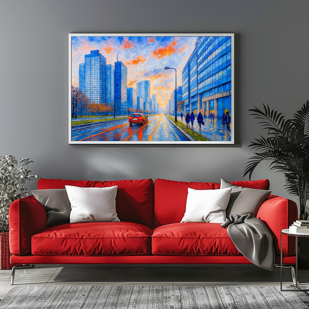 Poster: Evening lights in Warsaw expressive oil painting