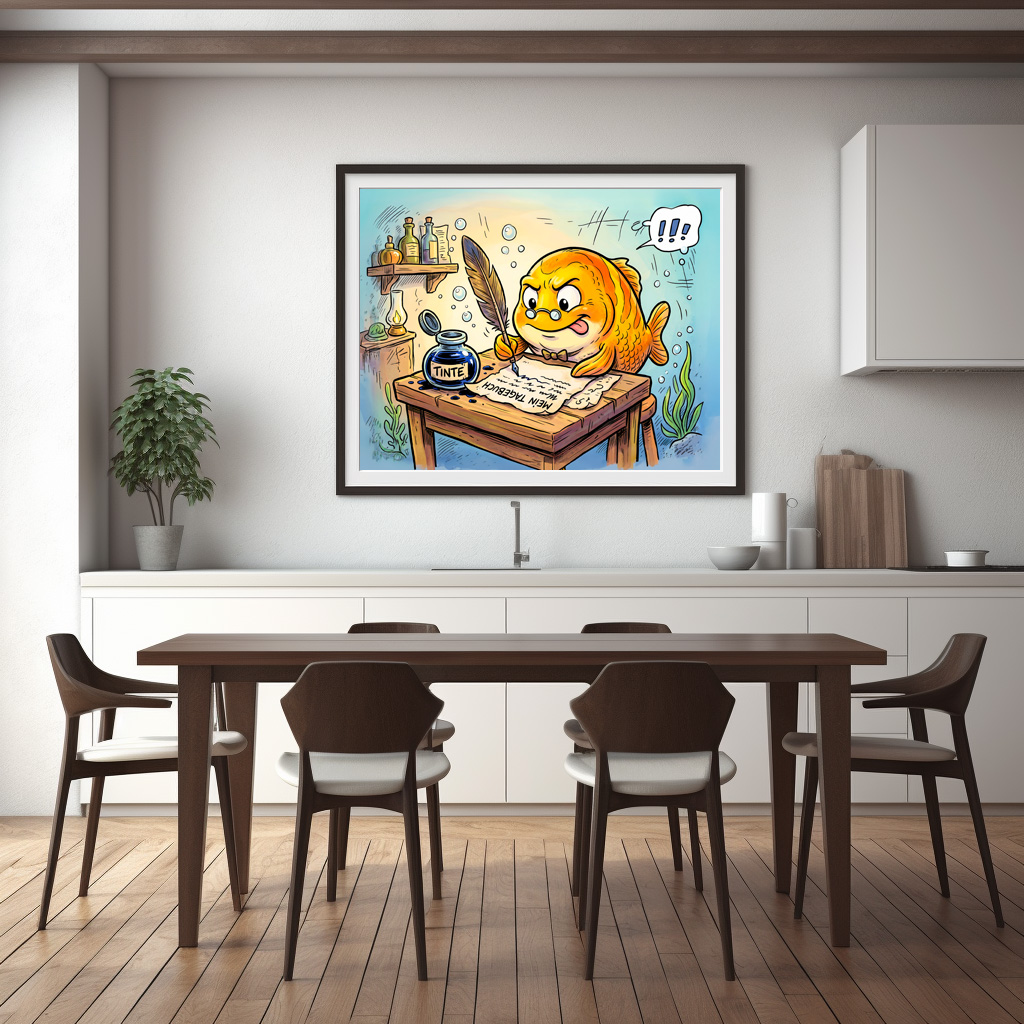 Poster: Fish with Ink Bottle on Wooden Table