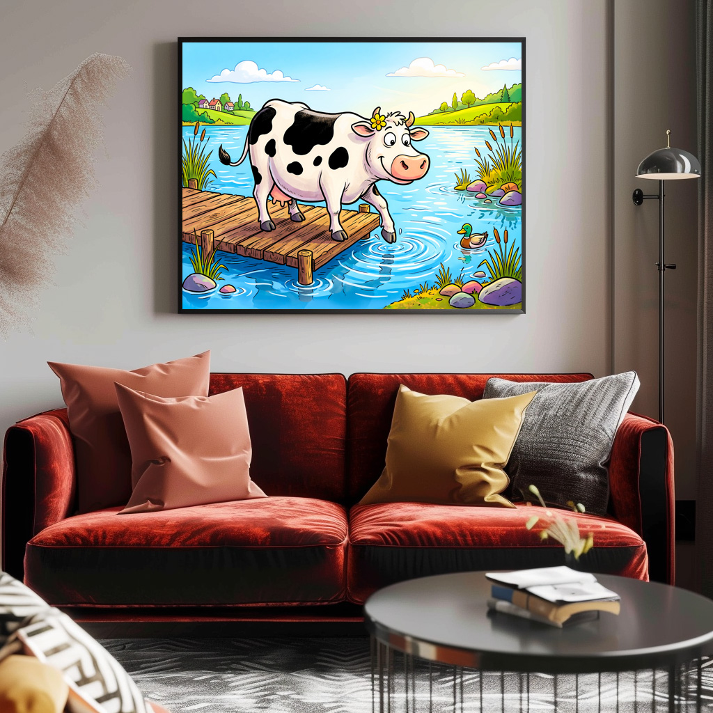 Poster: Cow Standing Beside a Lake in Peaceful Landscape - Imagen 2