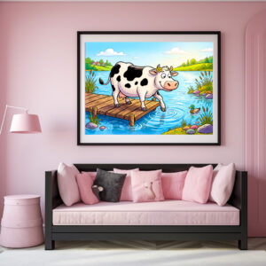 Poster: Cow Standing Beside a Lake in Peaceful Landscape