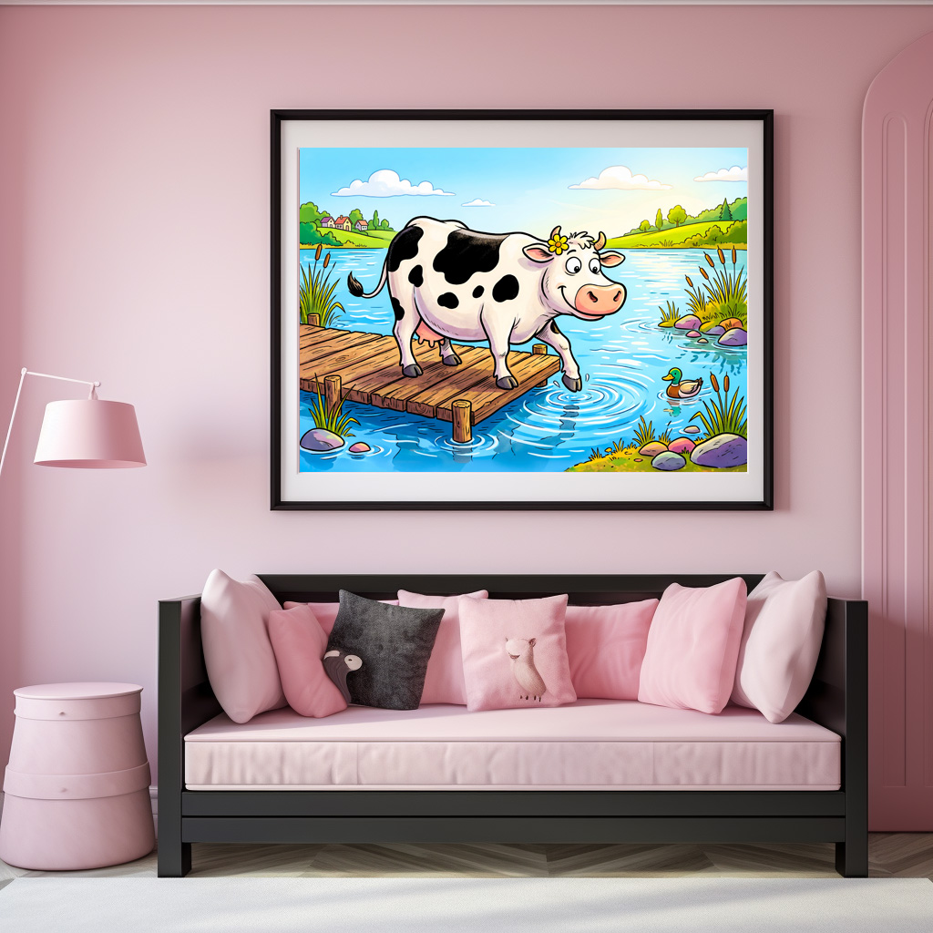 Poster: Cow Standing Beside a Lake in Peaceful Landscape