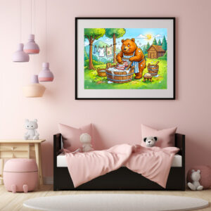Poster: Bear Washing Laundry Outdoors in Forest