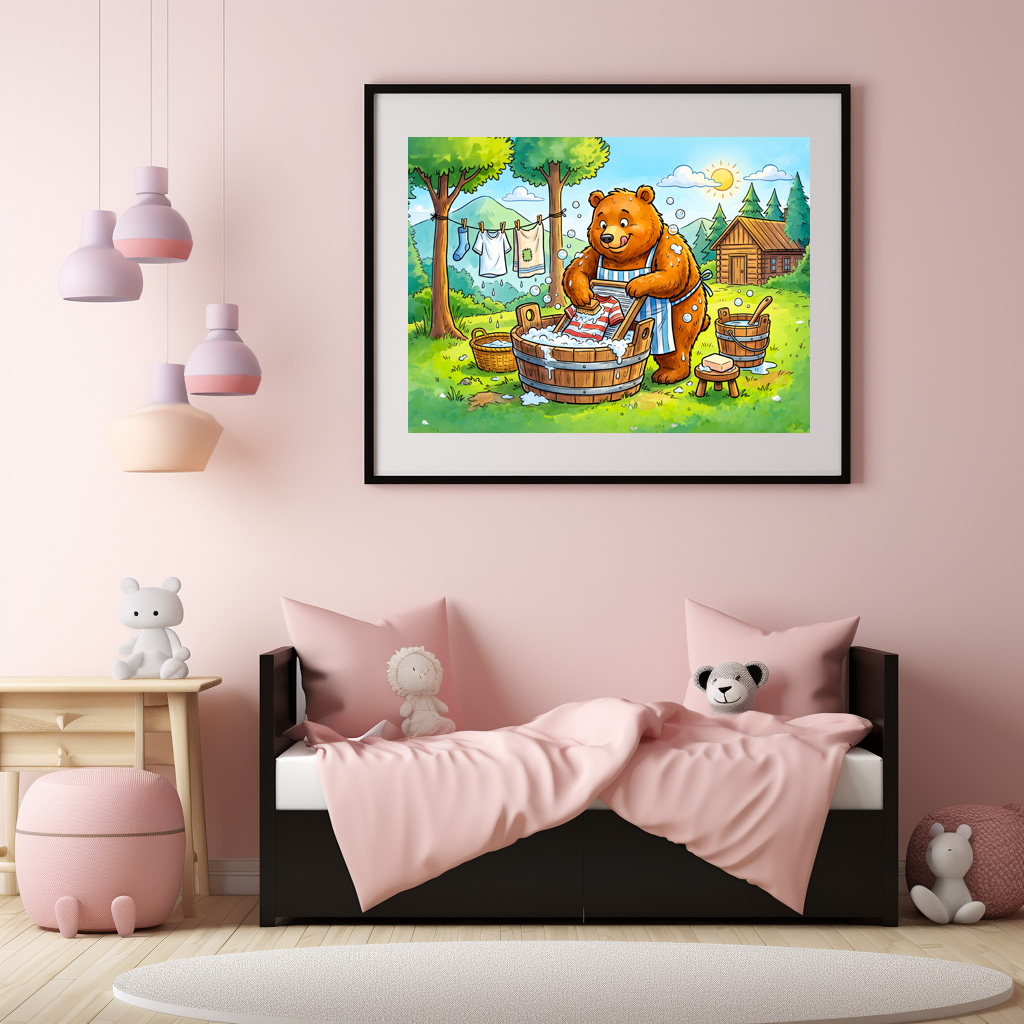 Poster: Bear Washing Laundry Outdoors in Forest
