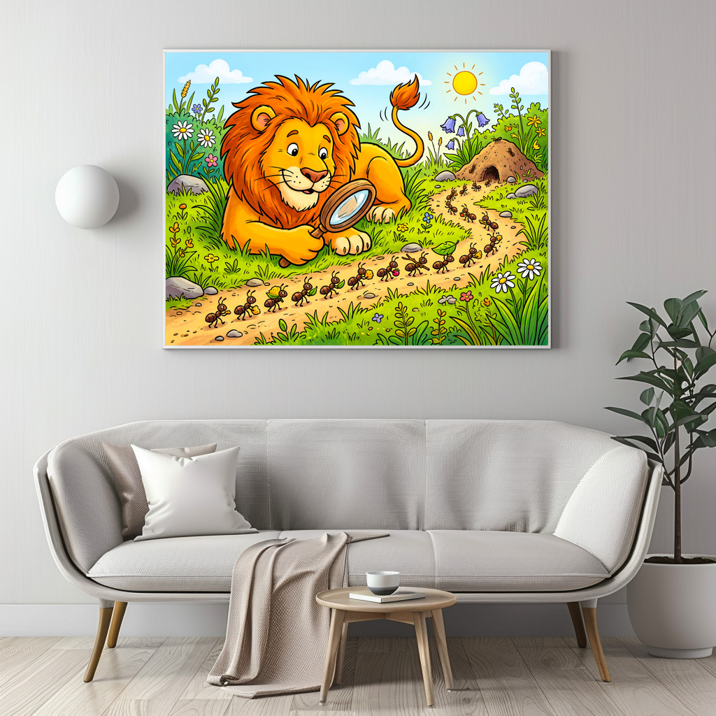 Poster: Lion Observing a Line of Ants with Magnifying Glass – Bild 2