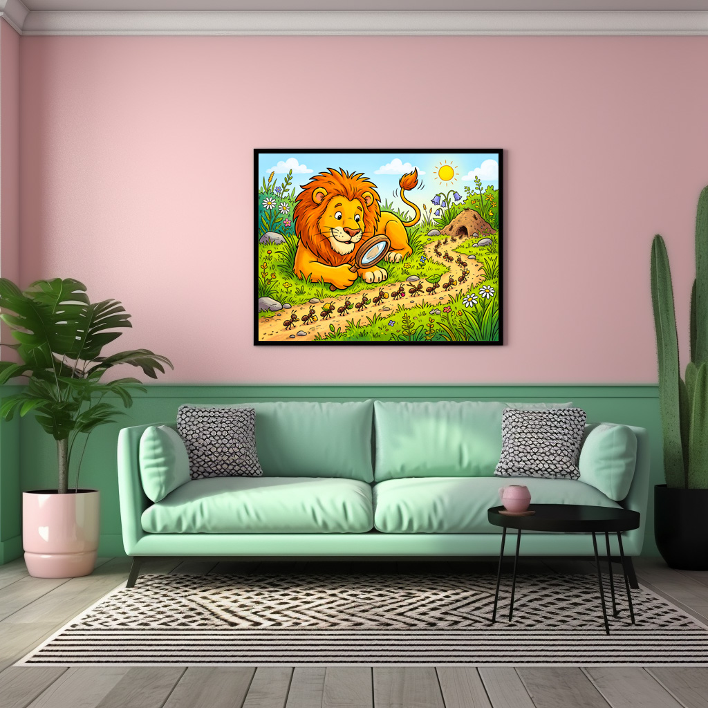 Poster: Lion Observing a Line of Ants with Magnifying Glass – Bild 3