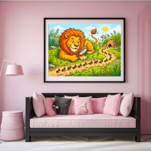 Poster: Lion Observing a Line of Ants with Magnifying Glass