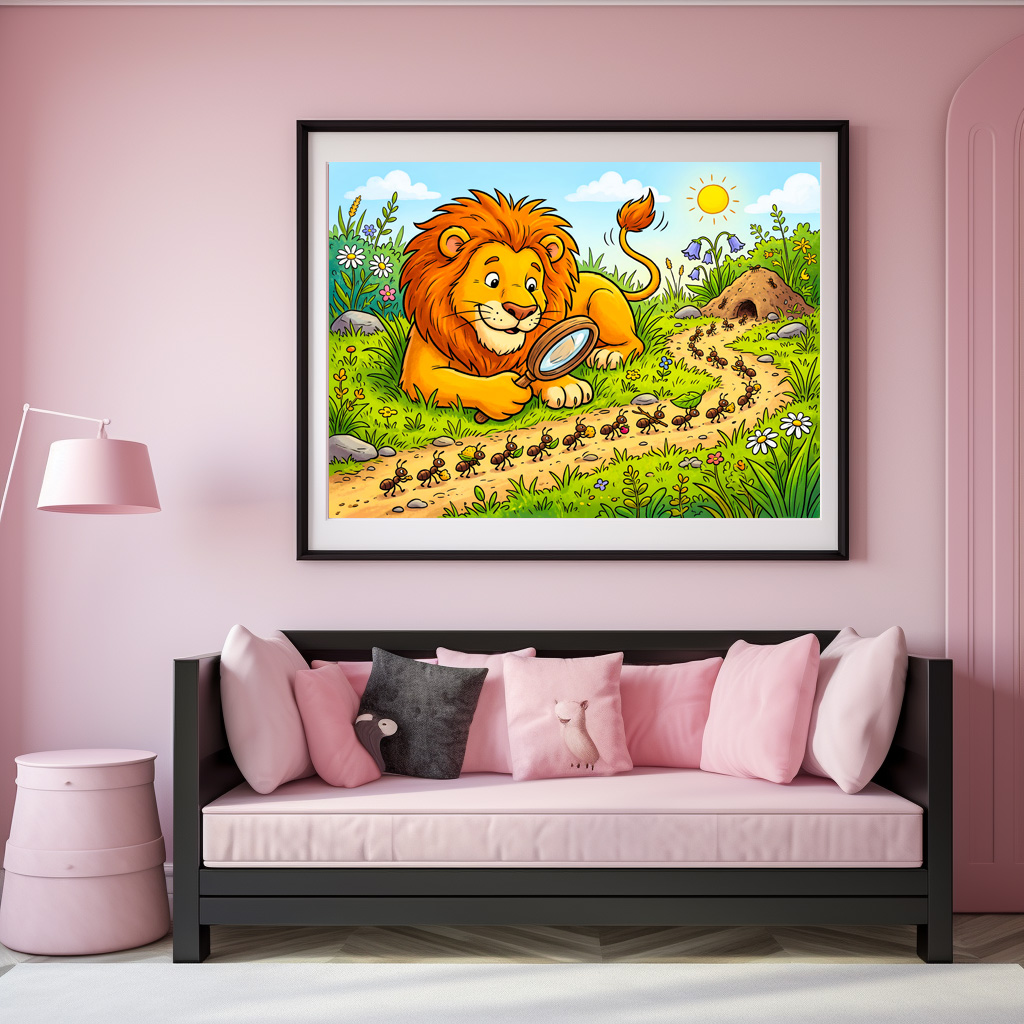Poster: Lion Observing a Line of Ants with Magnifying Glass