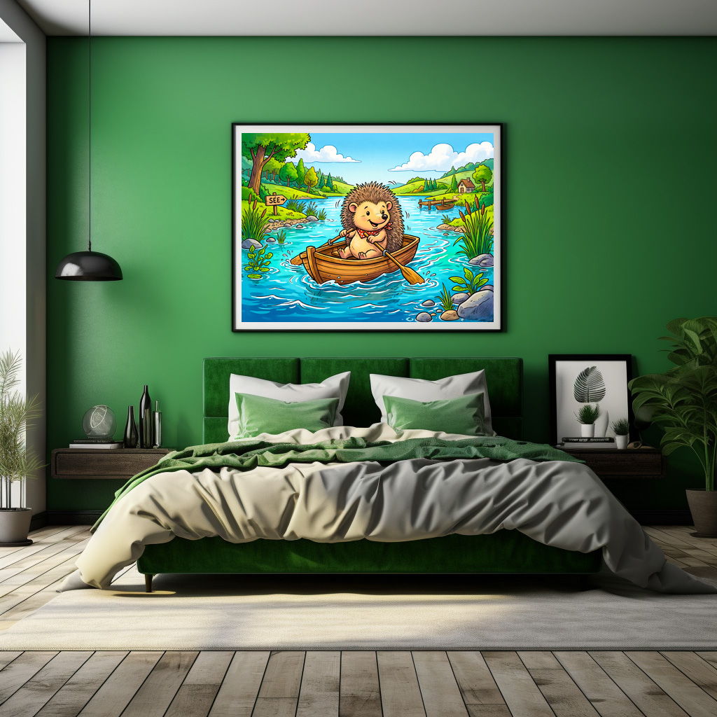 Poster: Hedgehog Rowing a Small Boat on a Calm Lake