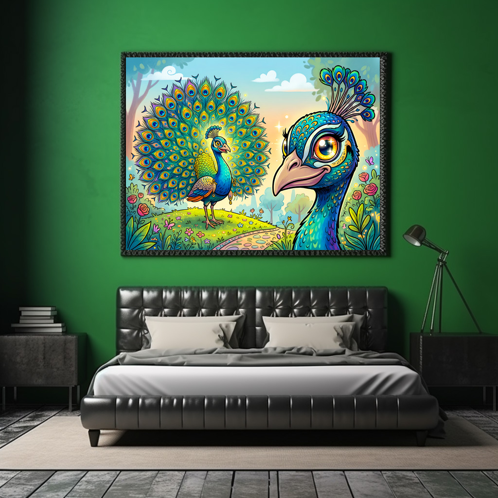 Poster: Peacock Holding a Large Cartoon Eye Outdoors