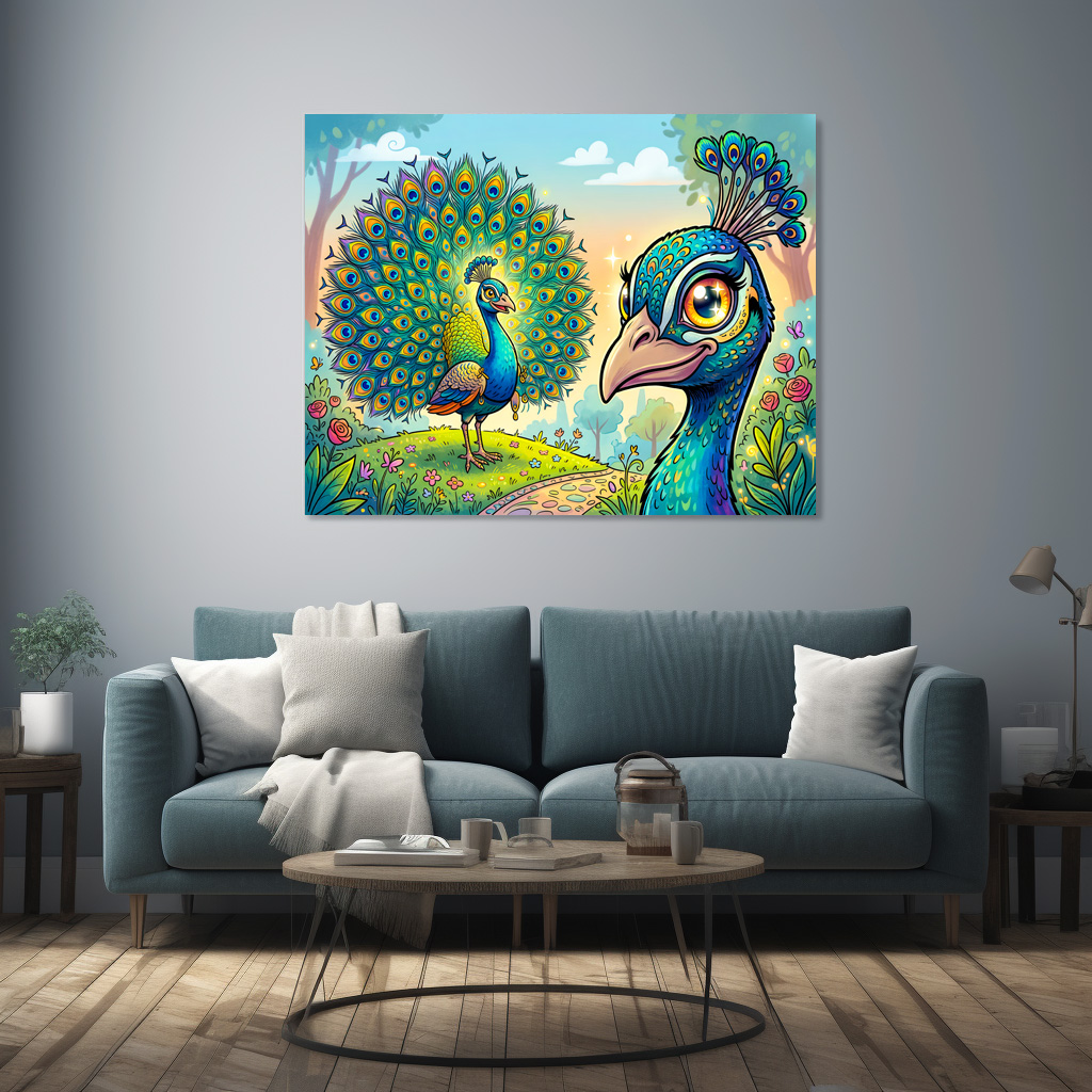 Poster: Peacock Holding a Large Cartoon Eye Outdoors – Bild 2