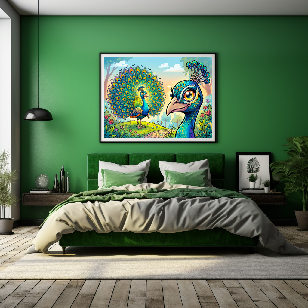 Poster: Peacock Holding a Large Cartoon Eye Outdoors – Bild 3