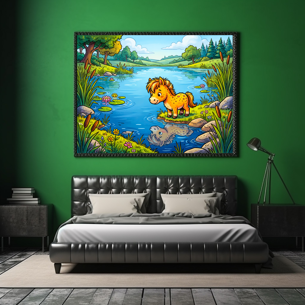 Poster: Small Pony Standing Beside a Lake in Peaceful Nature