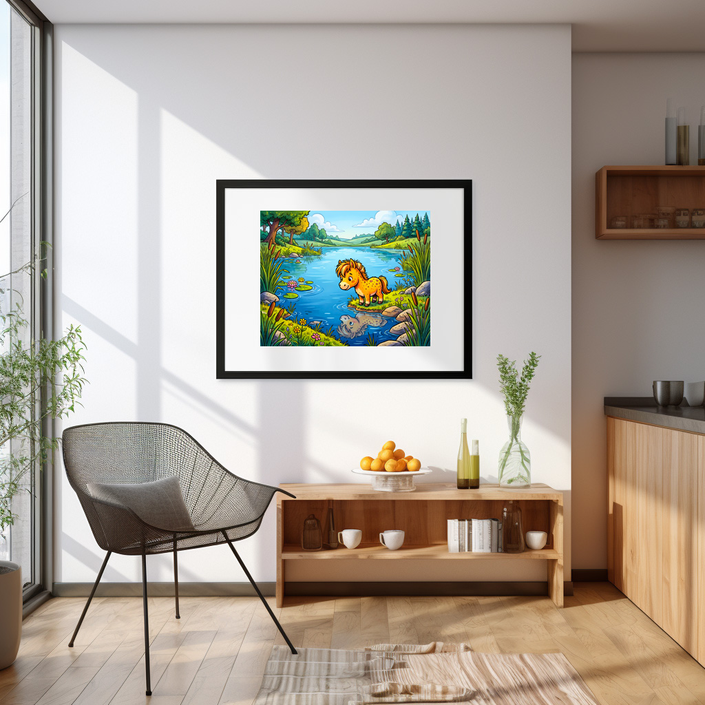 Poster: Small Pony Standing Beside a Lake in Peaceful Nature - Imagen 2