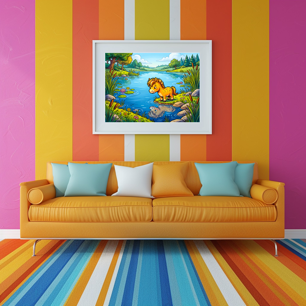 Poster: Small Pony Standing Beside a Lake in Peaceful Nature - Imagen 3