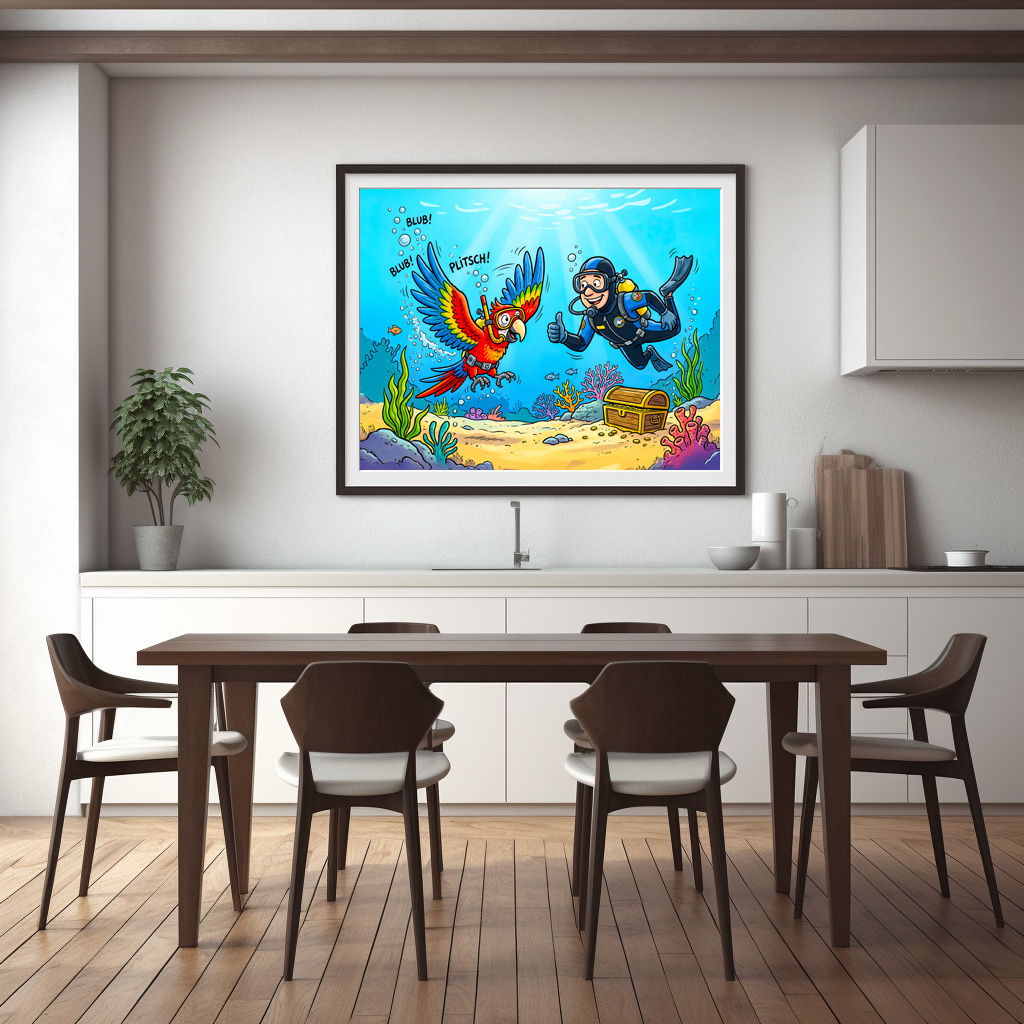 Poster: Parrot and Diver Underwater in Colorful Ocean Scene - immagine 3