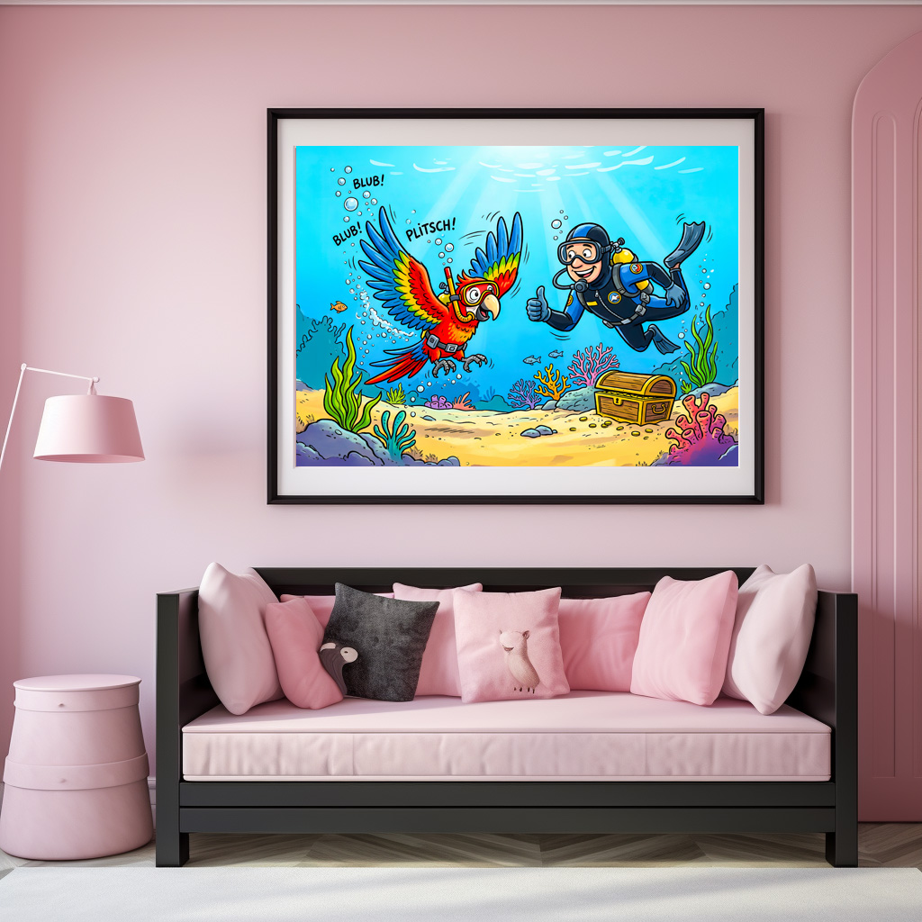 Poster: Parrot and Diver Underwater in Colorful Ocean Scene