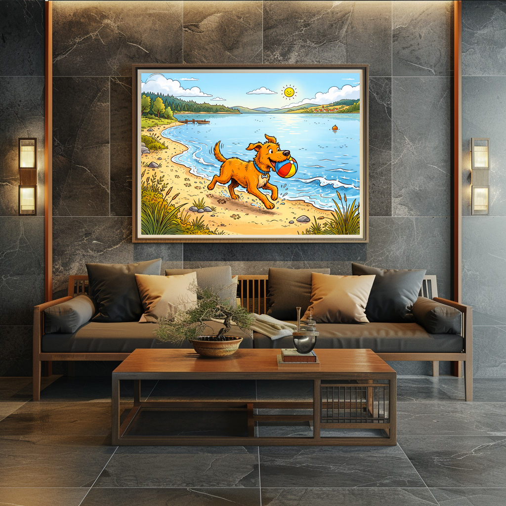 Poster: Dog Sitting Beside a Lake in Peaceful Nature Scene