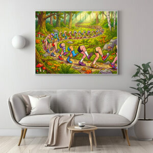 Poster: Endless Line of Running Cartoon Legs Outdoors