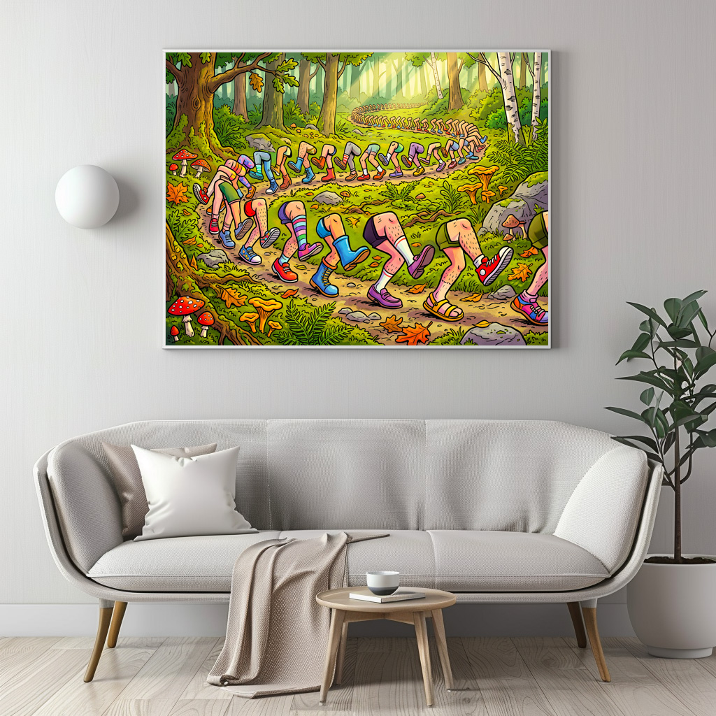 Poster: Endless Line of Running Cartoon Legs Outdoors