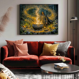 Poster: Dynamic Fantasy Wizard with Glowing Magical Cauldron