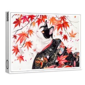 raxxa Premium-Puzzle: Curious Kitten in Autumn Leaves in Chinese Ink Painting Style