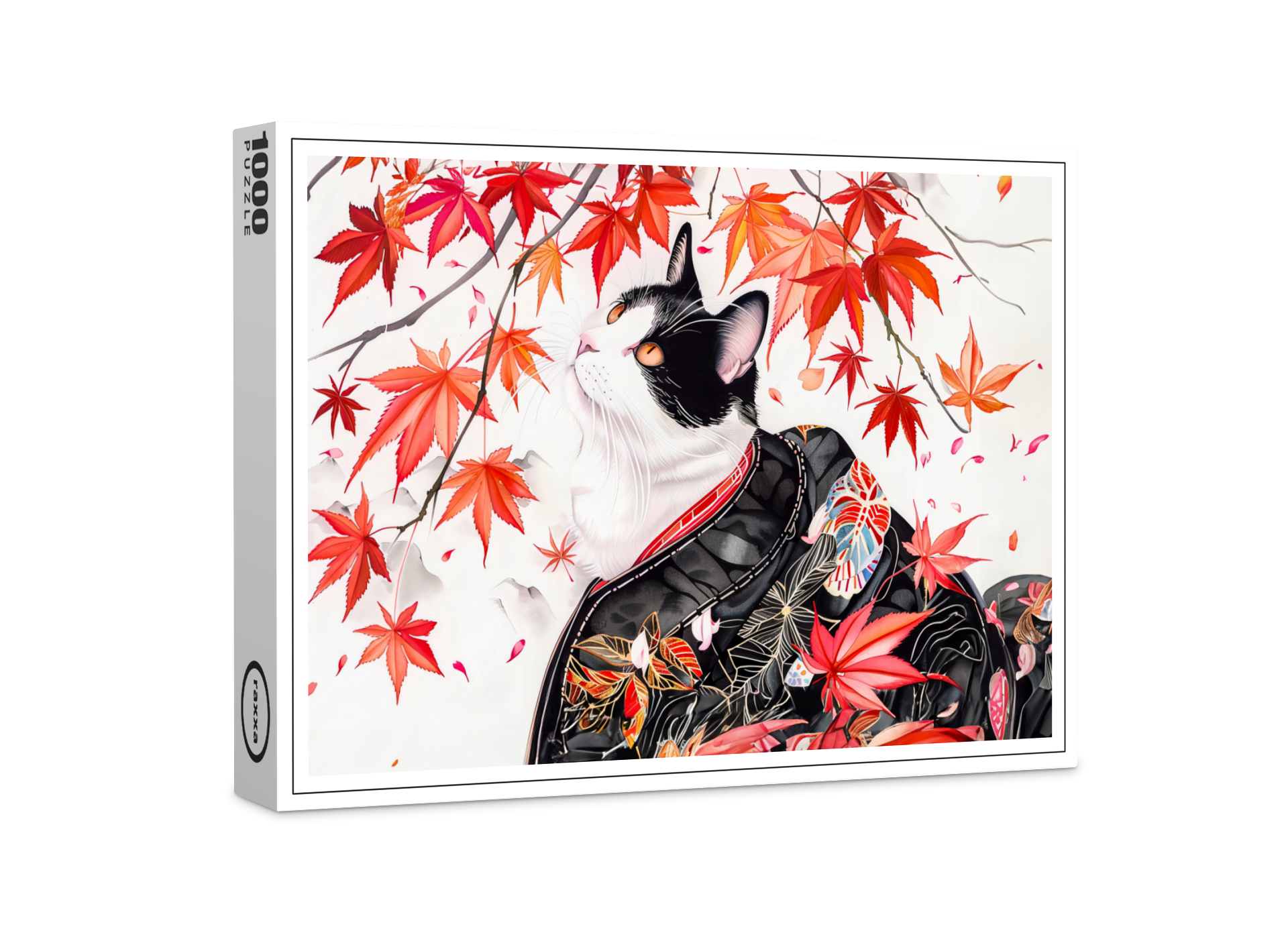 raxxa Premium-Puzzle: Curious Kitten in Autumn Leaves in Chinese Ink Painting Style