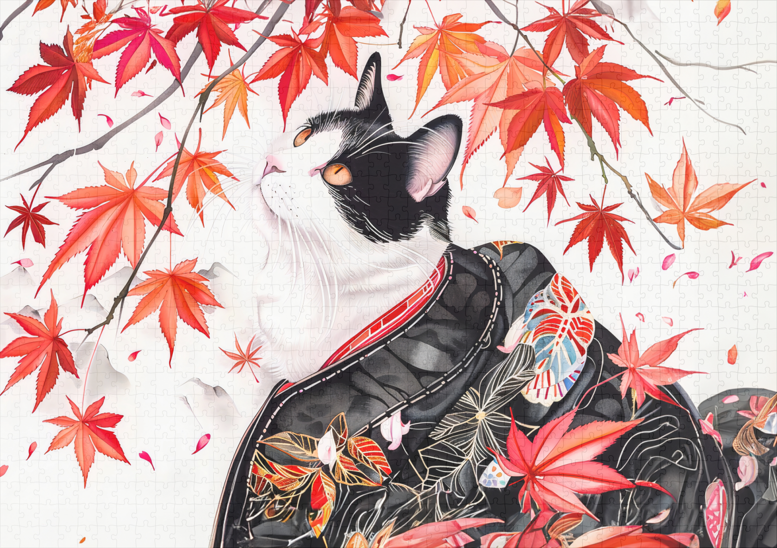 raxxa Premium-Puzzle: Curious Kitten in Autumn Leaves in Chinese Ink Painting Style – Bild 2