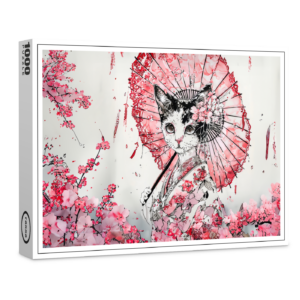 raxxa Premium-Puzzle: Serene Geisha Cat with Red Parasol and Cherry Blossoms in Chinese Ink Painting Style
