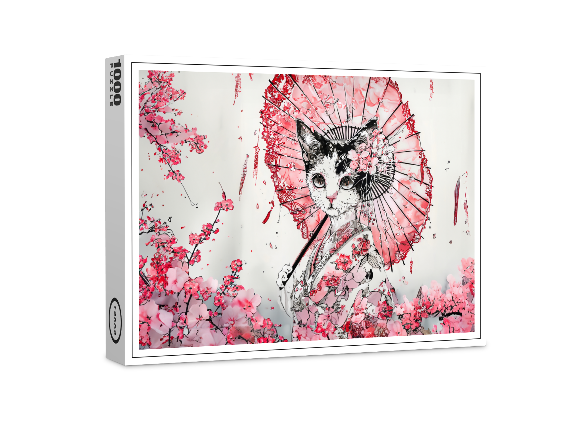 raxxa Premium-Puzzle: Serene Geisha Cat with Red Parasol and Cherry Blossoms in Chinese Ink Painting Style
