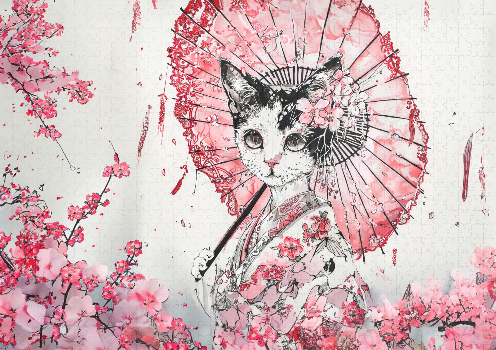 raxxa Premium-Puzzle: Serene Geisha Cat with Red Parasol and Cherry Blossoms in Chinese Ink Painting Style – Image 2