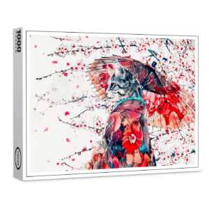 raxxa Premium-Puzzle: Majestic Geisha Cat Among Cherry Blossoms in Chinese Ink Painting