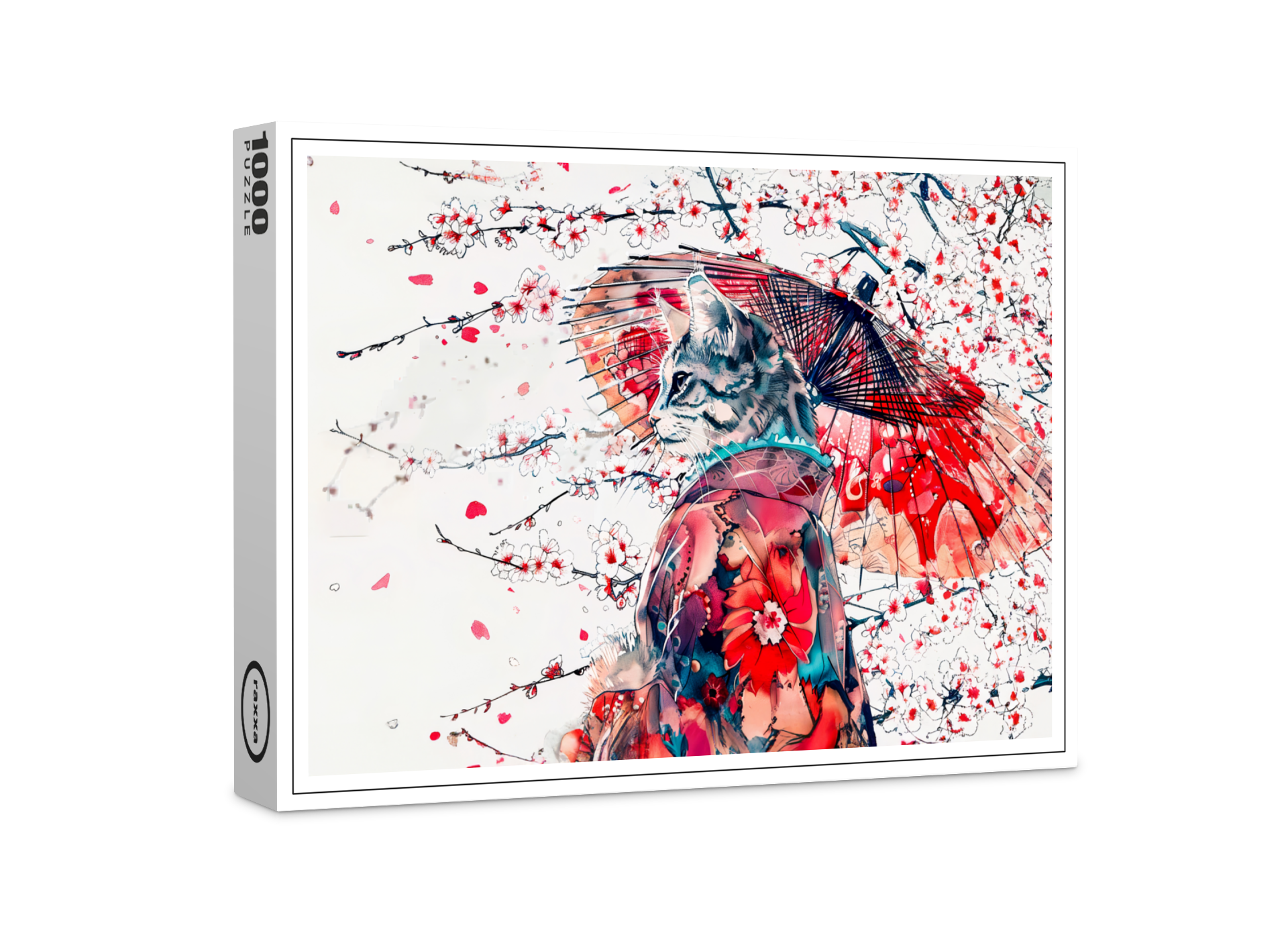 raxxa Premium-Puzzle: Majestic Geisha Cat Among Cherry Blossoms in Chinese Ink Painting