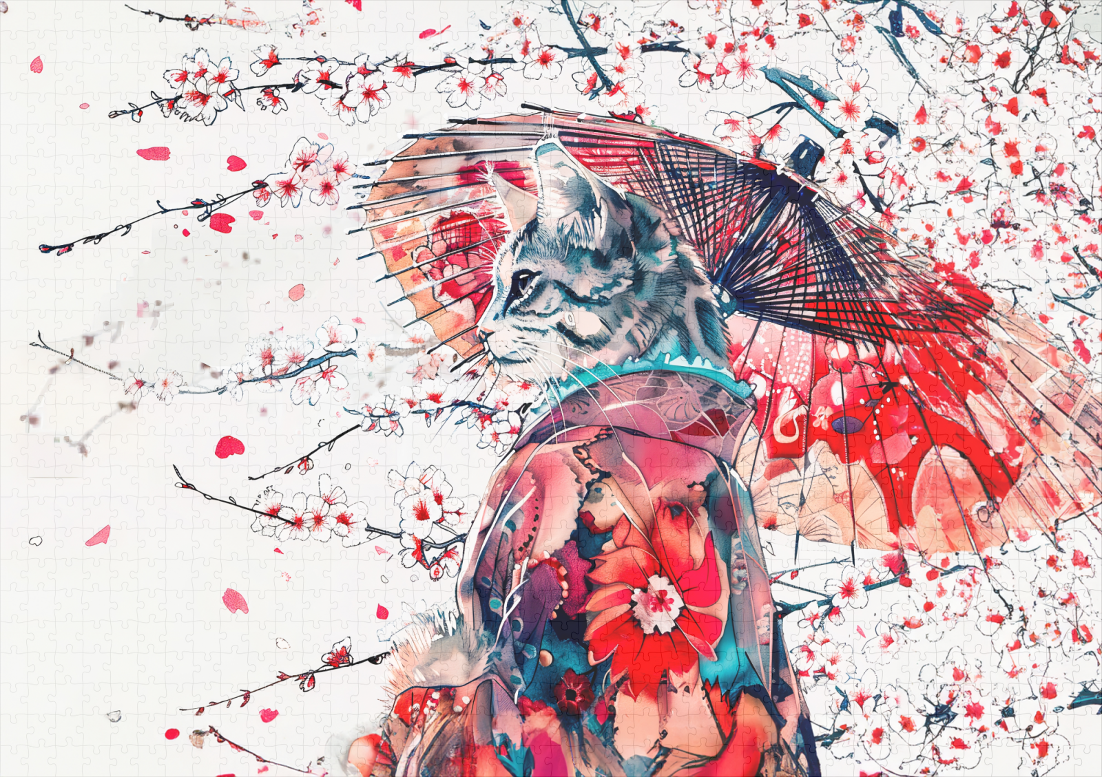 raxxa Premium-Puzzle: Majestic Geisha Cat Among Cherry Blossoms in Chinese Ink Painting – Bild 2