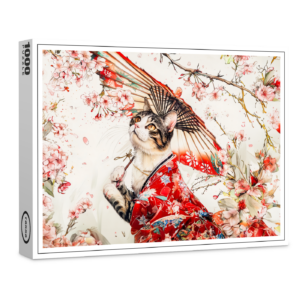raxxa Premium-Puzzle: Serene Geisha Cat in Red Kimono and Cherry Blossoms, Chinese Ink Painting