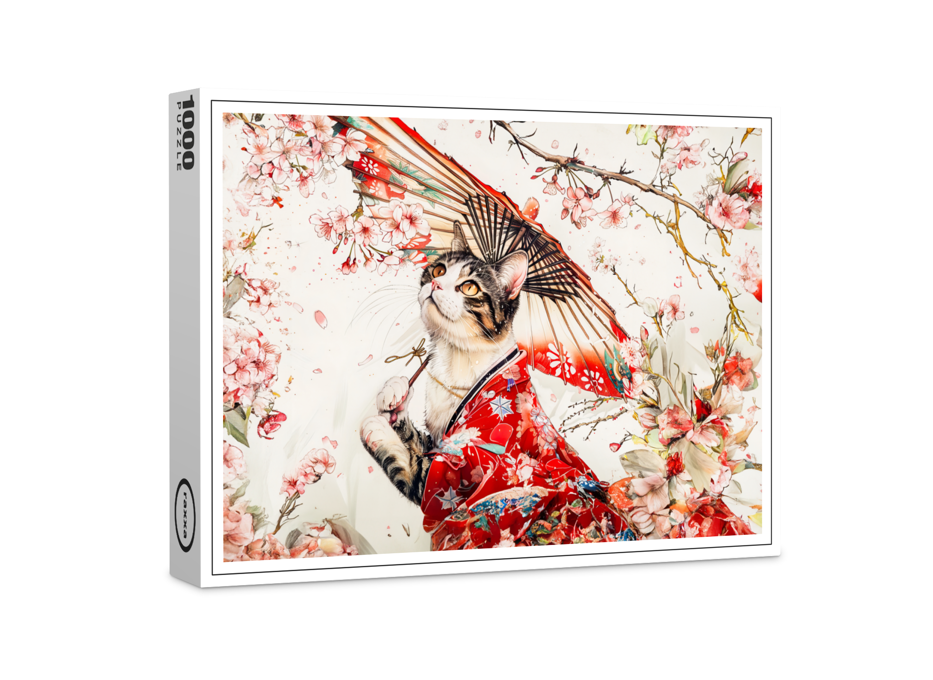 raxxa Premium-Puzzle: Serene Geisha Cat in Red Kimono and Cherry Blossoms, Chinese Ink Painting