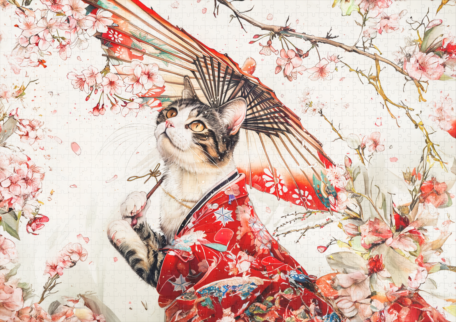 raxxa Premium-Puzzle: Serene Geisha Cat in Red Kimono and Cherry Blossoms, Chinese Ink Painting – Bild 2