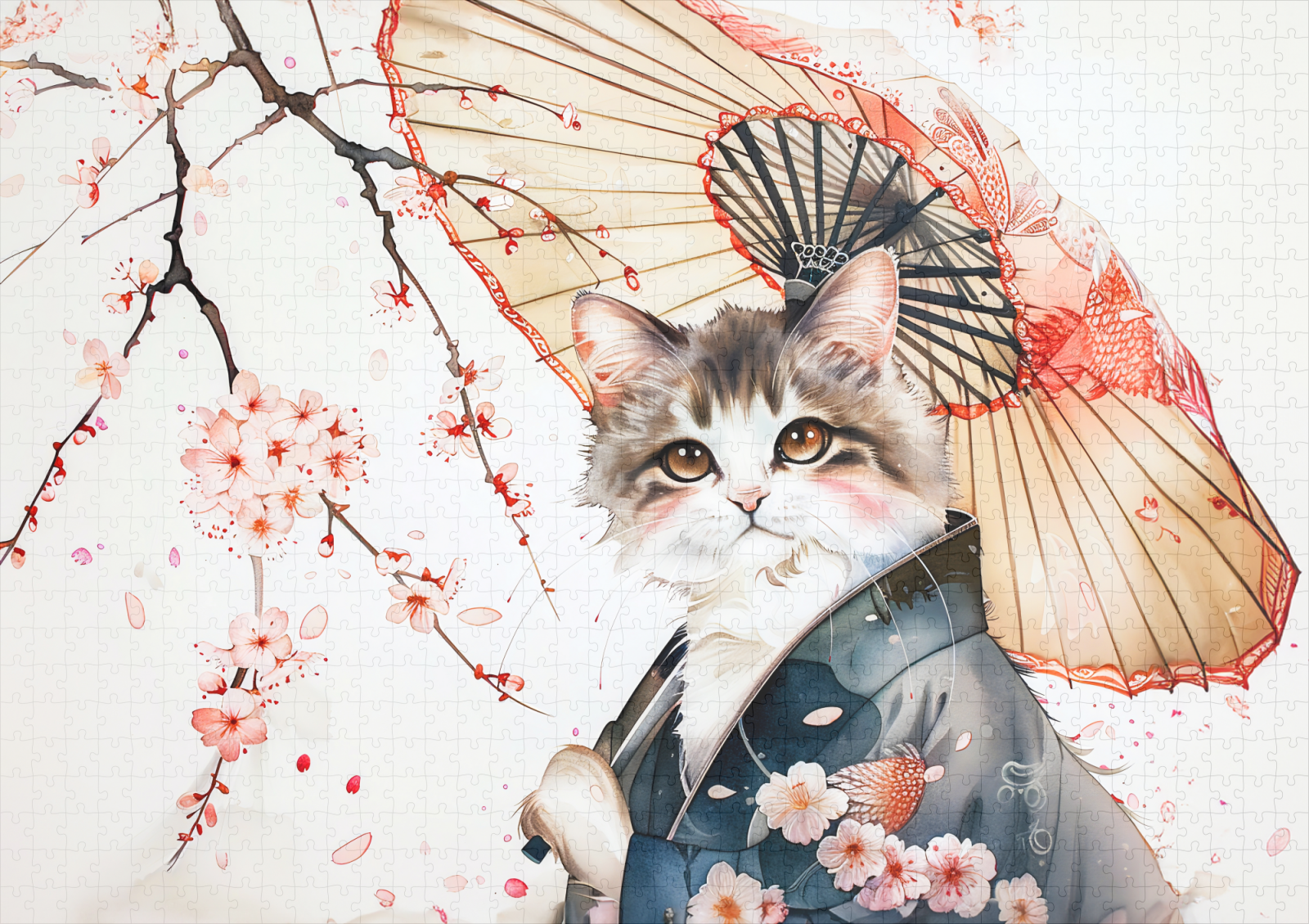 raxxa Premium-Puzzle: Noble Geisha Cat with Bamboo Umbrella in Chinese Ink Painting - immagine 2
