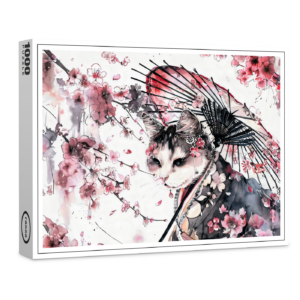 raxxa Premium-Puzzle: Geisha Cat with Parasol and Cherry Blossoms in Chinese Ink Painting