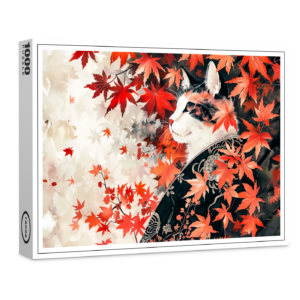 raxxa Premium-Puzzle: Black and White Geisha Cat Under Red Maple Leaves in Chinese Ink Painting Style