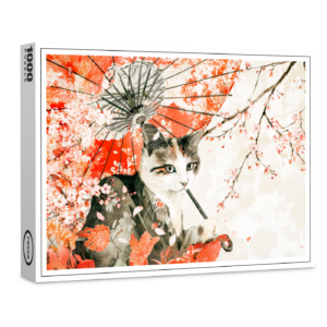 raxxa Premium-Puzzle: Geisha Cat with Parasol and Cherry Blossoms in Chinese Ink Painting