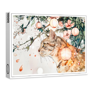 raxxa Premium-Puzzle: Tabby Geisha Cat Among Glowing Lanterns in Chinese Ink Painting Style
