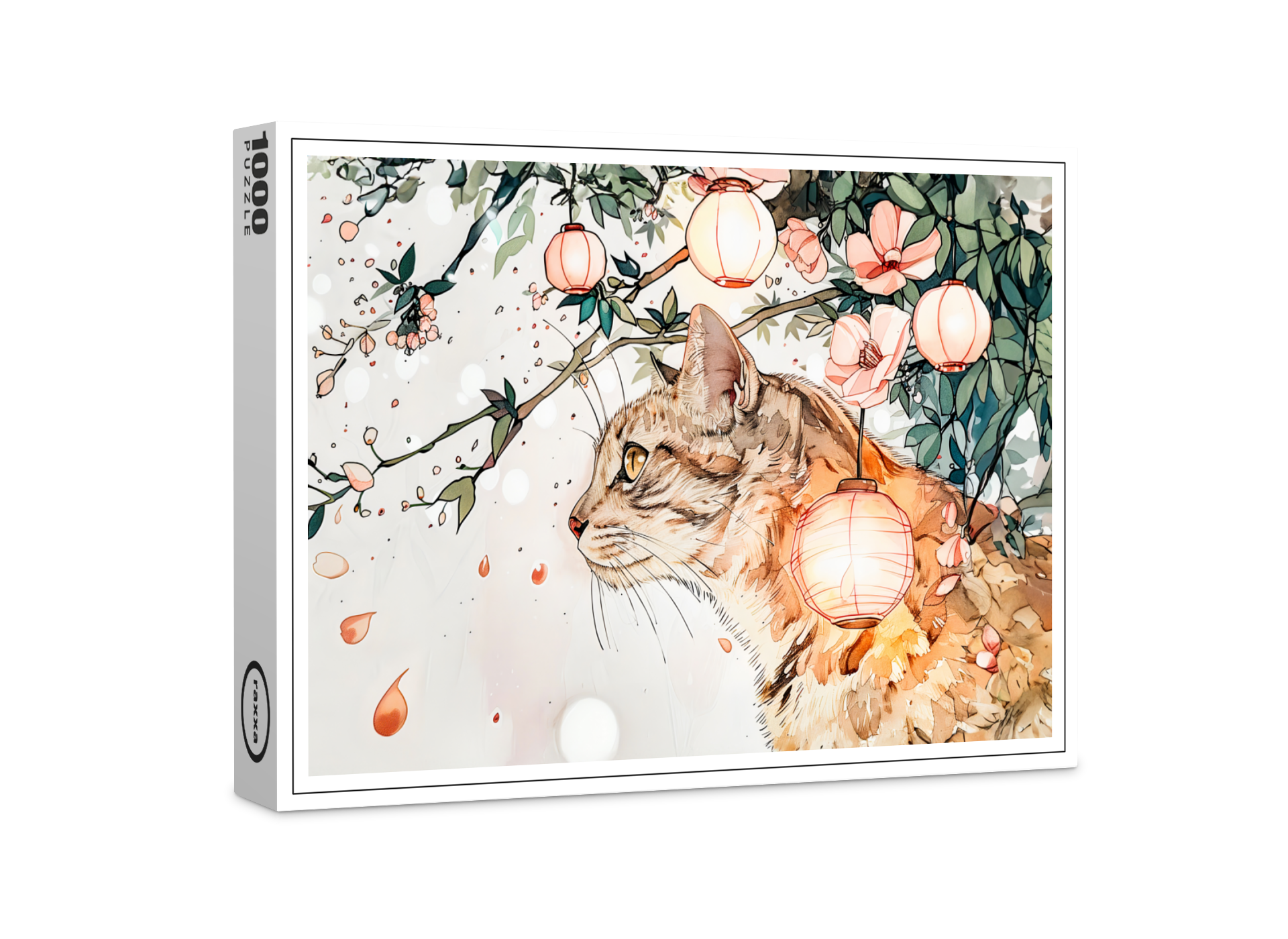 raxxa Premium-Puzzle: Tabby Geisha Cat Among Glowing Lanterns in Chinese Ink Painting Style
