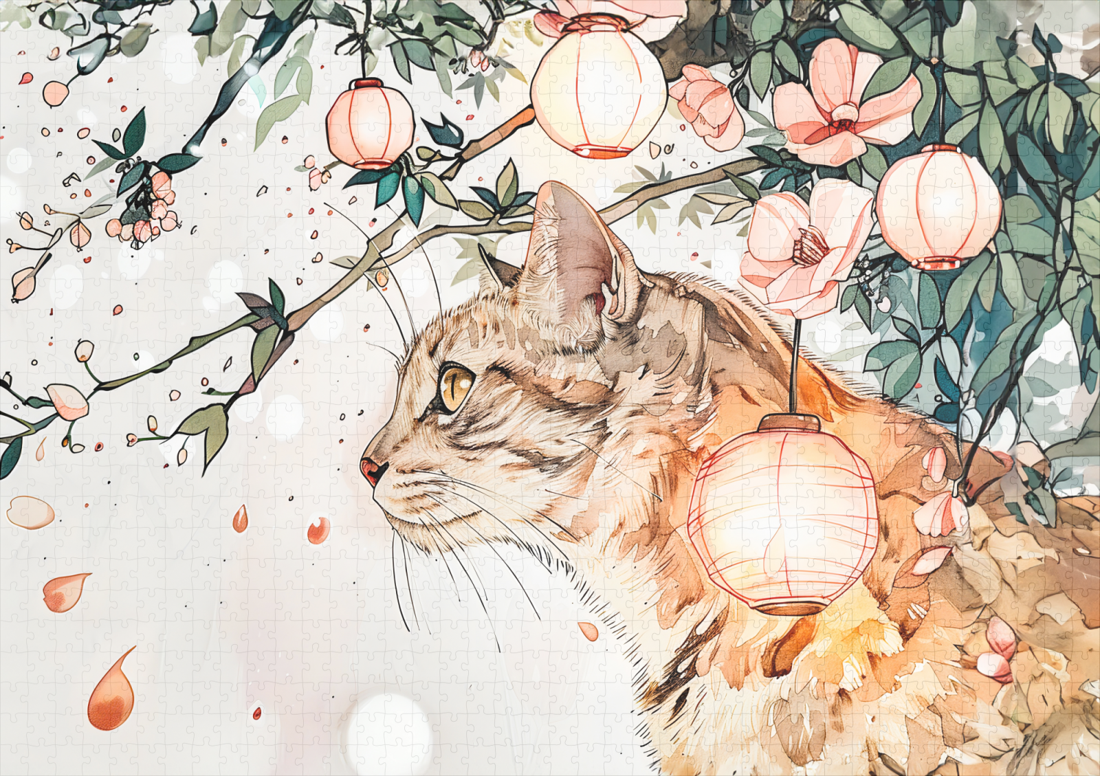 raxxa Premium-Puzzle: Tabby Geisha Cat Among Glowing Lanterns in Chinese Ink Painting Style – Image 2