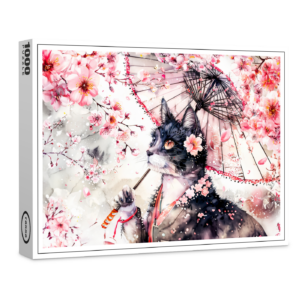 raxxa Premium-Puzzle: Geisha Cat with Parasol and Cherry Blossoms in Chinese Ink Painting