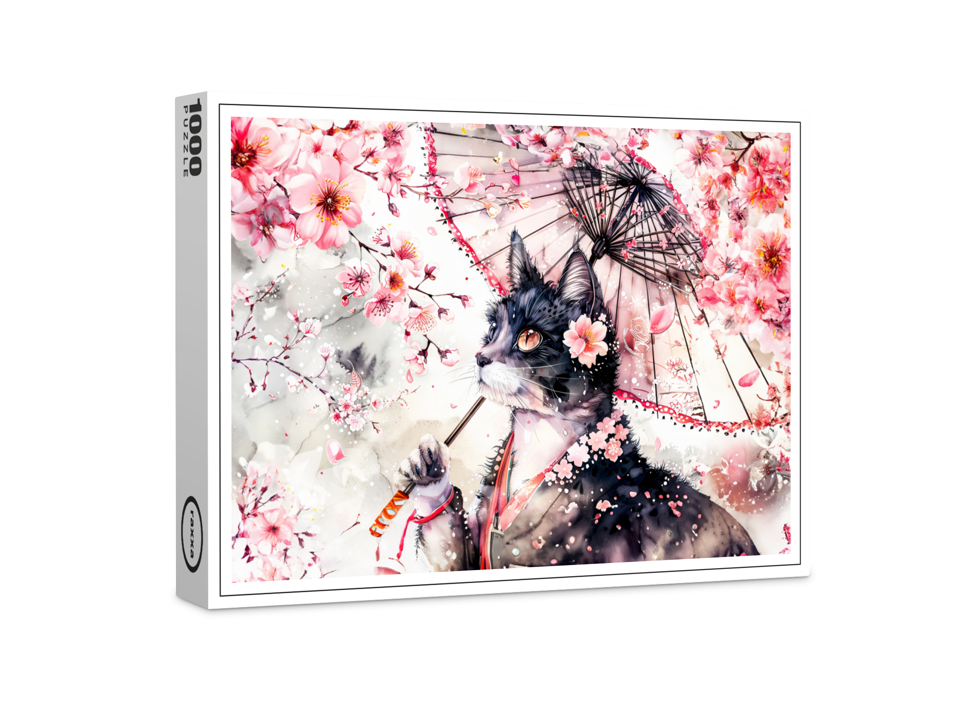 raxxa Premium-Puzzle: Geisha Cat with Parasol and Cherry Blossoms in Chinese Ink Painting