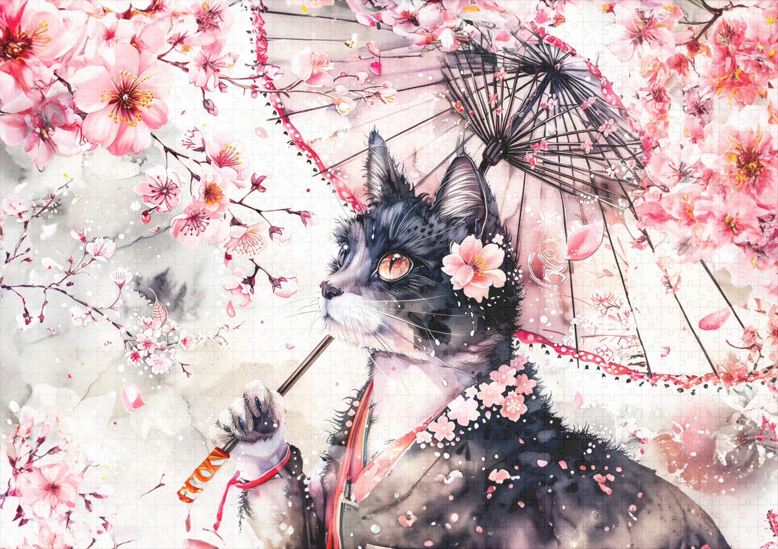 raxxa Premium-Puzzle: Geisha Cat with Parasol and Cherry Blossoms in Chinese Ink Painting – Bild 2