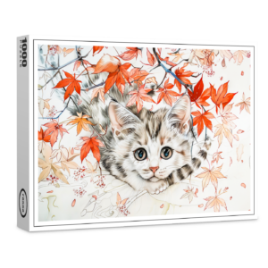raxxa Premium-Puzzle: Curious Kitten in Autumn Leaves in Chinese Ink Painting Style